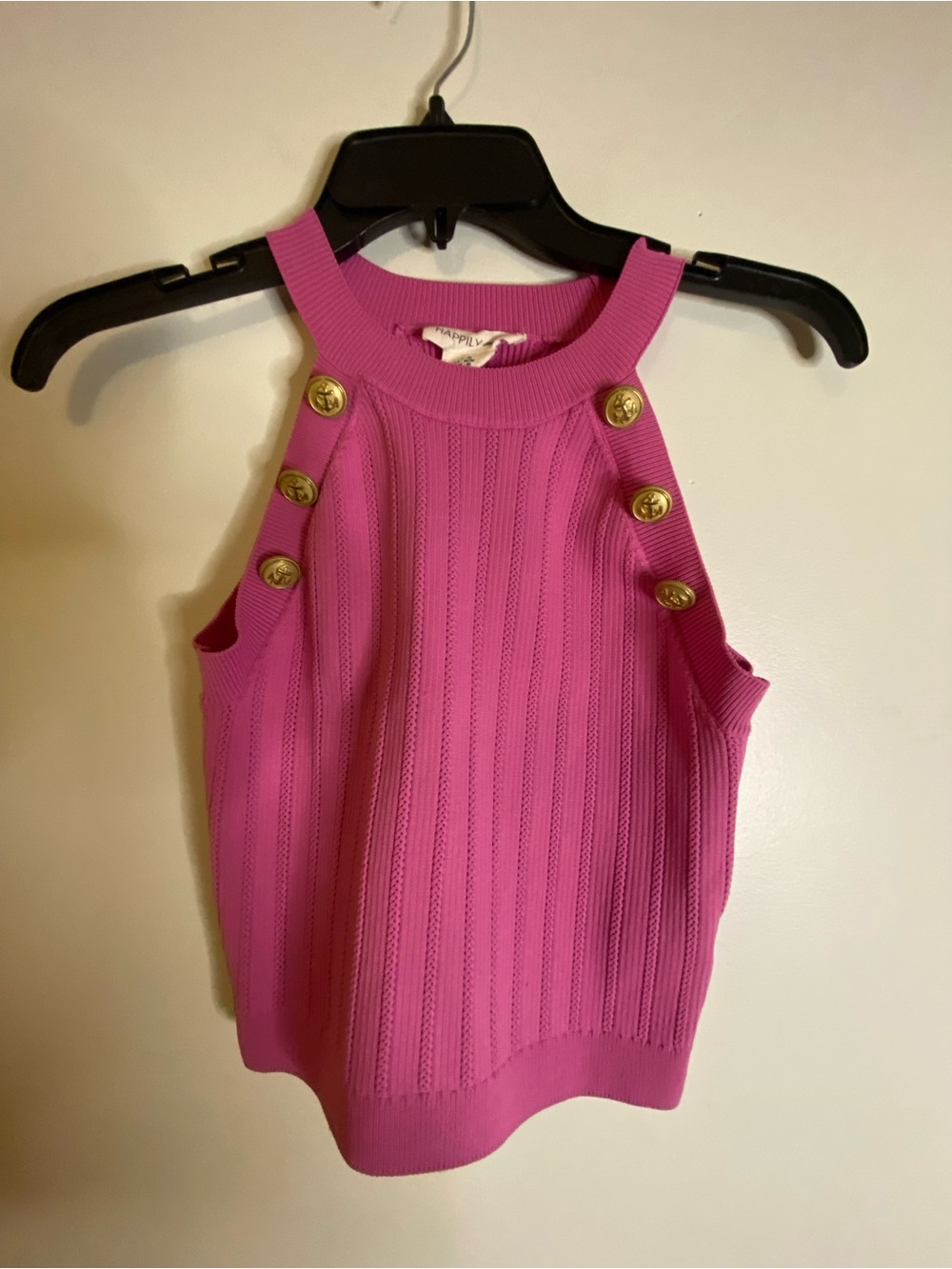 Ribbed Halter Tank Top with Gold Buttons - Pink
